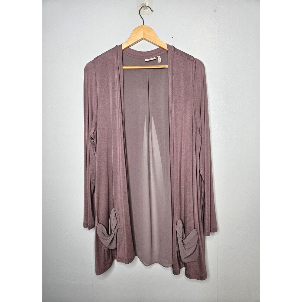 LOGO Lori Goldstein Purple Open Front Cardigan 1X Sheer Panel Pockets Lagenlook